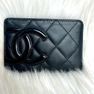 Chanel CC Quilted Lambskin Cambon Ligne Credit Card Holder Case Black Pink
